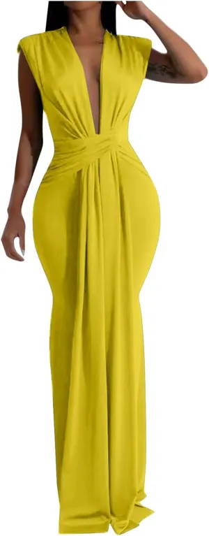 Women Sexy Deep V Sleeveless Dress Cocktail Gown Solid Wrap Long Dresses Shoulder Padded Elegant Evening Dress
