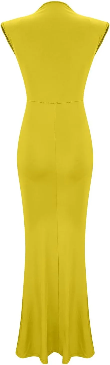 Women Sexy Deep V Sleeveless Dress Cocktail Gown Solid Wrap Long Dresses Shoulder Padded Elegant Evening Dress