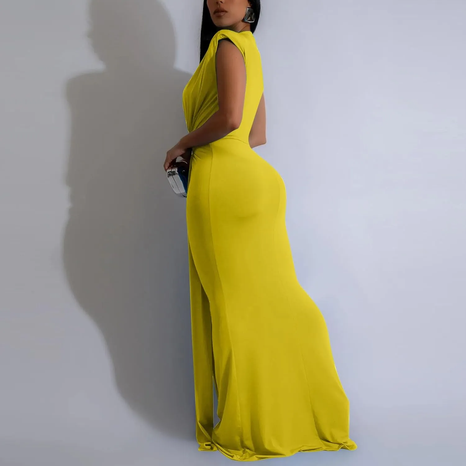 Women Sexy Deep V Sleeveless Dress Cocktail Gown Solid Wrap Long Dresses Shoulder Padded Elegant Evening Dress