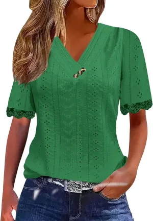 Women Short Sleeve Tops Summer V Neck Button Shirts Lace Blouse Comfy Tshirt Eyelet Tees Boho T-shirt Loose T Shirt