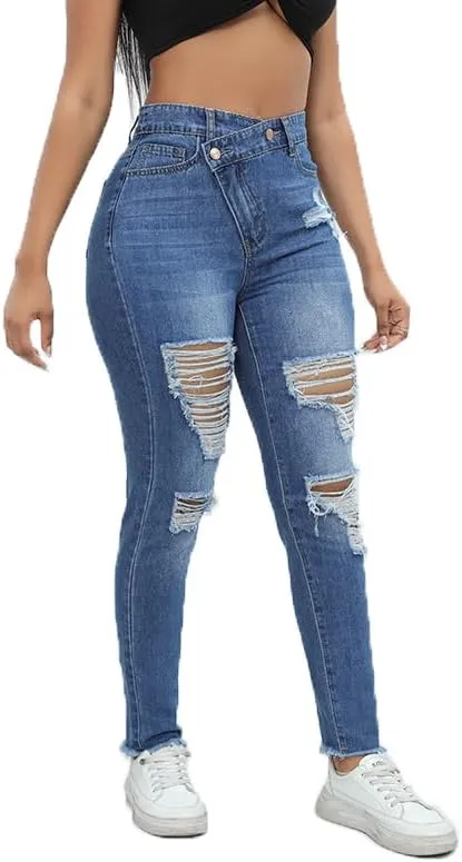 Women Skinny Ripped Jeans Stretch Distressed Destroyed Denim Pants