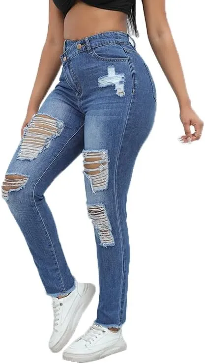 Women Skinny Ripped Jeans Stretch Distressed Destroyed Denim Pants