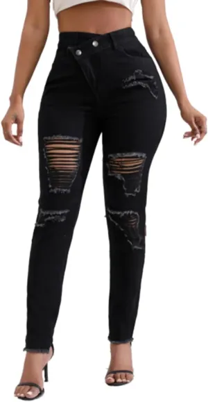 Women Skinny Ripped Jeans Stretch Distressed Destroyed Denim Pants