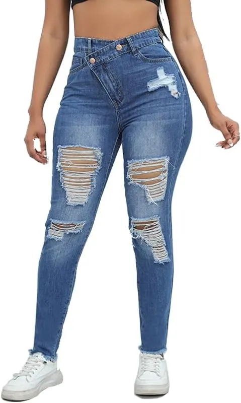 Women Skinny Ripped Jeans Stretch Distressed Destroyed Denim Pants