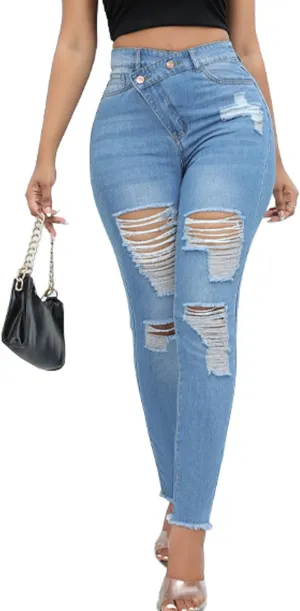 Women Skinny Ripped Jeans Stretch Distressed Destroyed Denim Pants