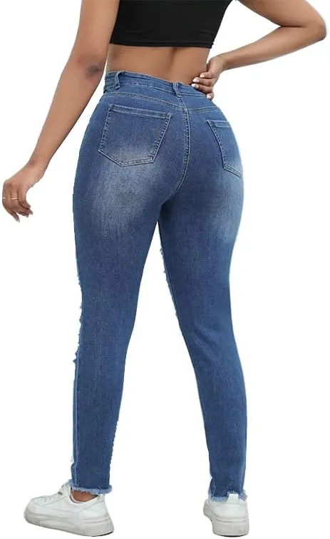 Women Skinny Ripped Jeans Stretch Distressed Destroyed Denim Pants