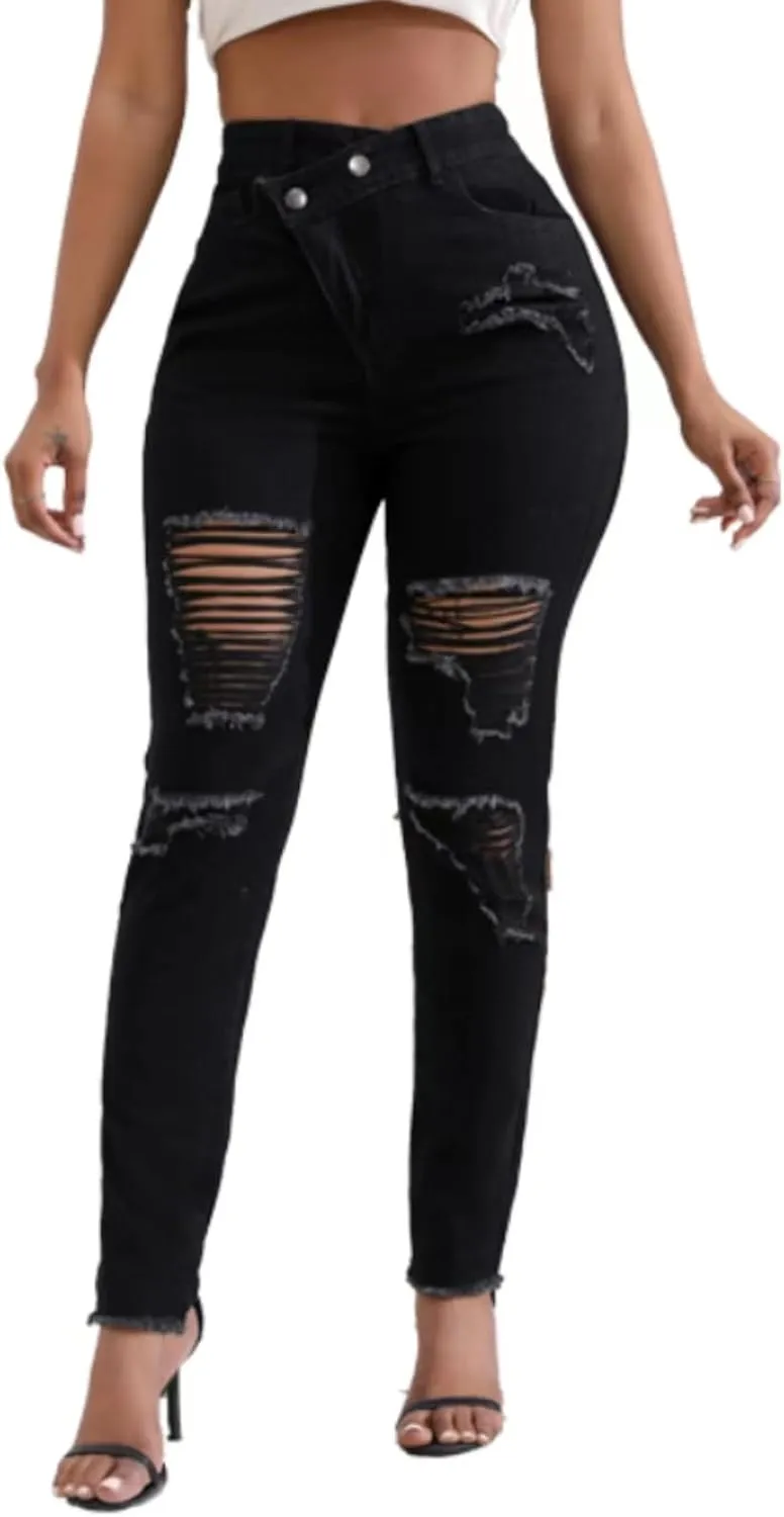 Women Skinny Ripped Jeans Stretch Distressed Destroyed Denim Pants