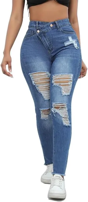 Women Skinny Ripped Jeans Stretch Distressed Destroyed Denim Pants