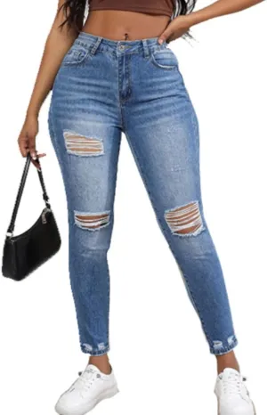Women Skinny Ripped Jeans Stretch Distressed Destroyed Denim Pants