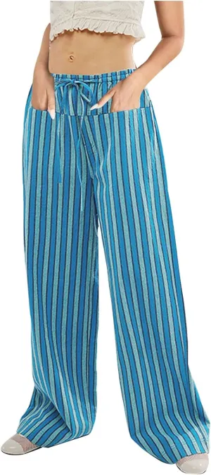 Women Striped Wide Leg Pants Casual Drawstring Low Waist Baggy Loose Lounge Pants Straight Leg Trouser with Pockets