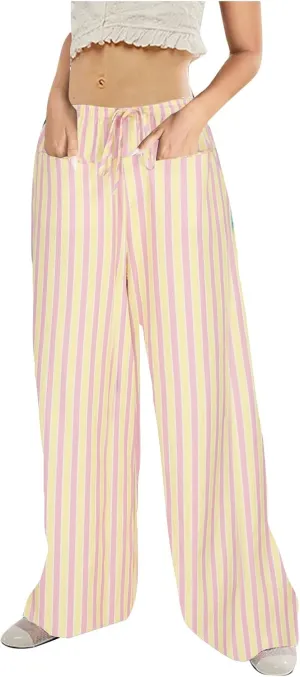 Women Striped Wide Leg Pants Casual Drawstring Low Waist Baggy Loose Lounge Pants Straight Leg Trouser with Pockets