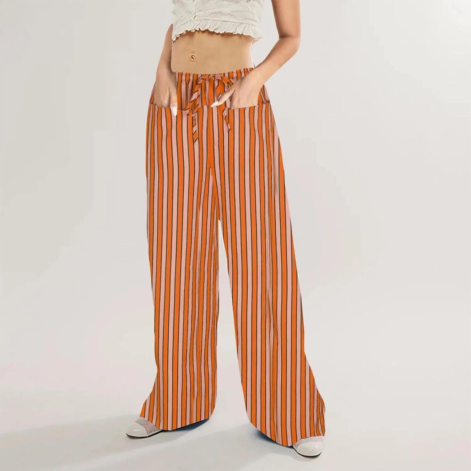 Women Striped Wide Leg Pants Casual Drawstring Low Waist Baggy Loose Lounge Pants Straight Leg Trouser with Pockets