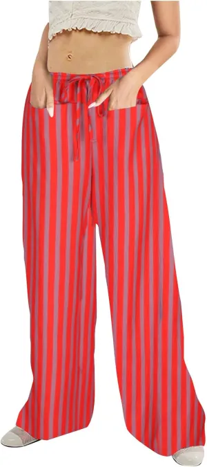 Women Striped Wide Leg Pants Casual Drawstring Low Waist Baggy Loose Lounge Pants Straight Leg Trouser with Pockets