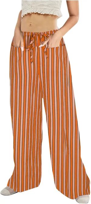 Women Striped Wide Leg Pants Casual Drawstring Low Waist Baggy Loose Lounge Pants Straight Leg Trouser with Pockets