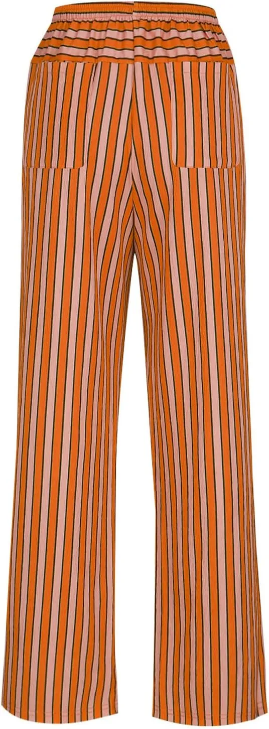 Women Striped Wide Leg Pants Casual Drawstring Low Waist Baggy Loose Lounge Pants Straight Leg Trouser with Pockets