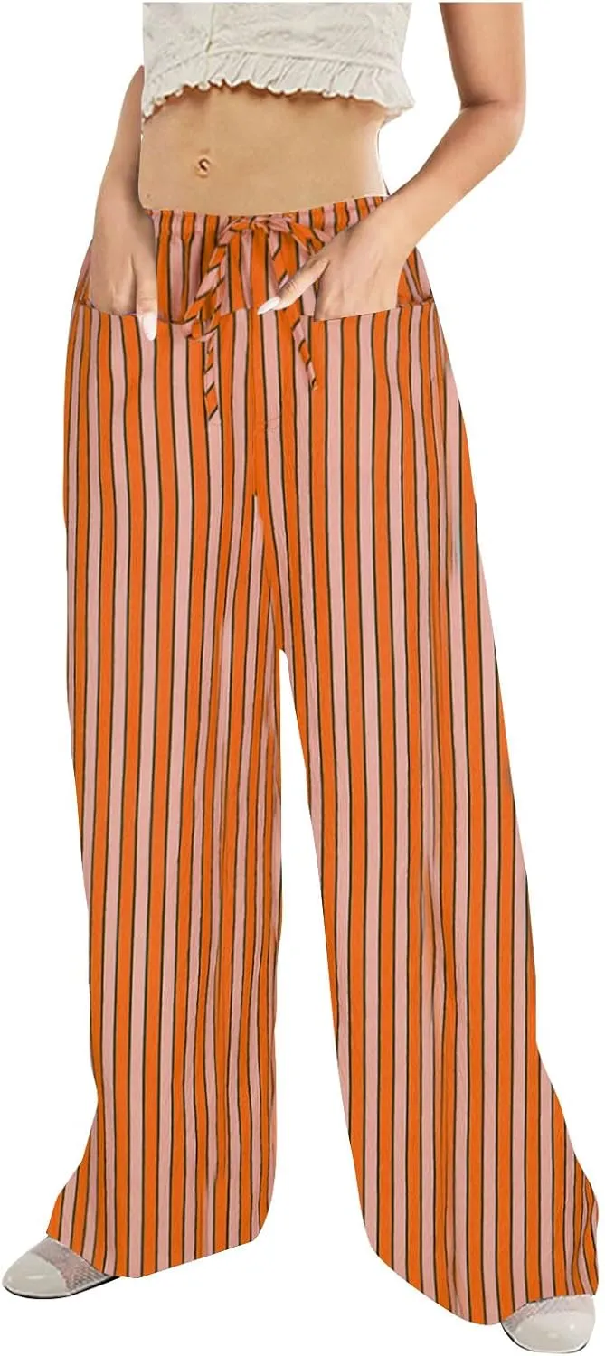 Women Striped Wide Leg Pants Casual Drawstring Low Waist Baggy Loose Lounge Pants Straight Leg Trouser with Pockets