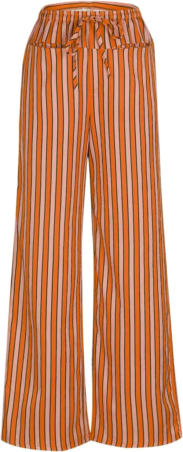 Women Striped Wide Leg Pants Casual Drawstring Low Waist Baggy Loose Lounge Pants Straight Leg Trouser with Pockets