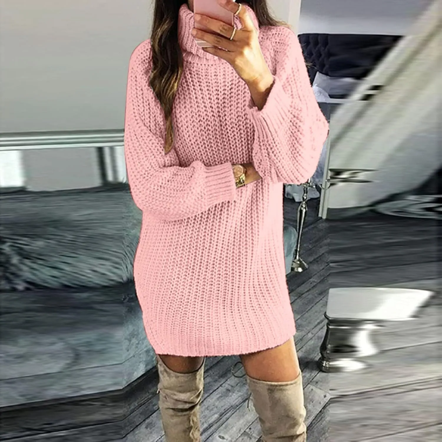 Women's 2024 Fall Turtleneck Sweaters Dress Oversized Long Sleeve Casual Knit Pullover Short Mini Dresses
