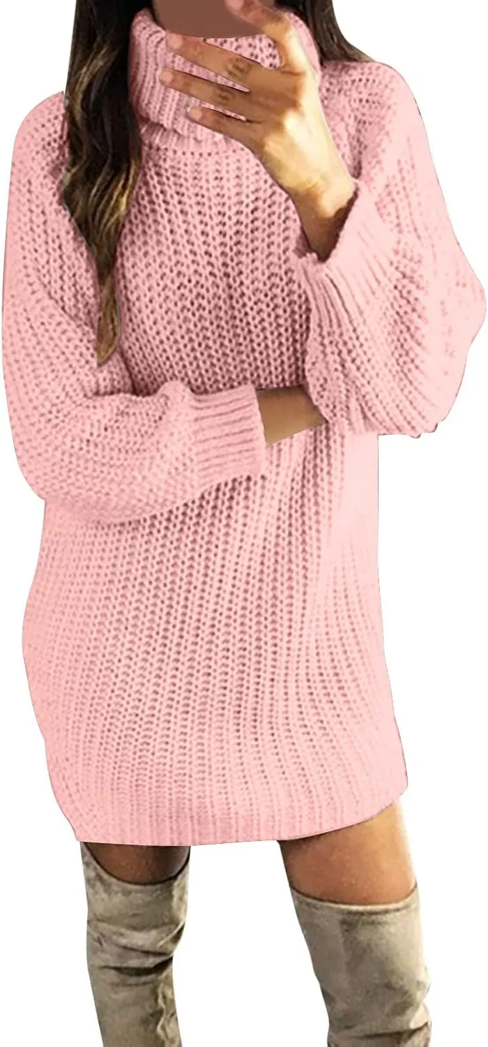 Women's 2024 Fall Turtleneck Sweaters Dress Oversized Long Sleeve Casual Knit Pullover Short Mini Dresses