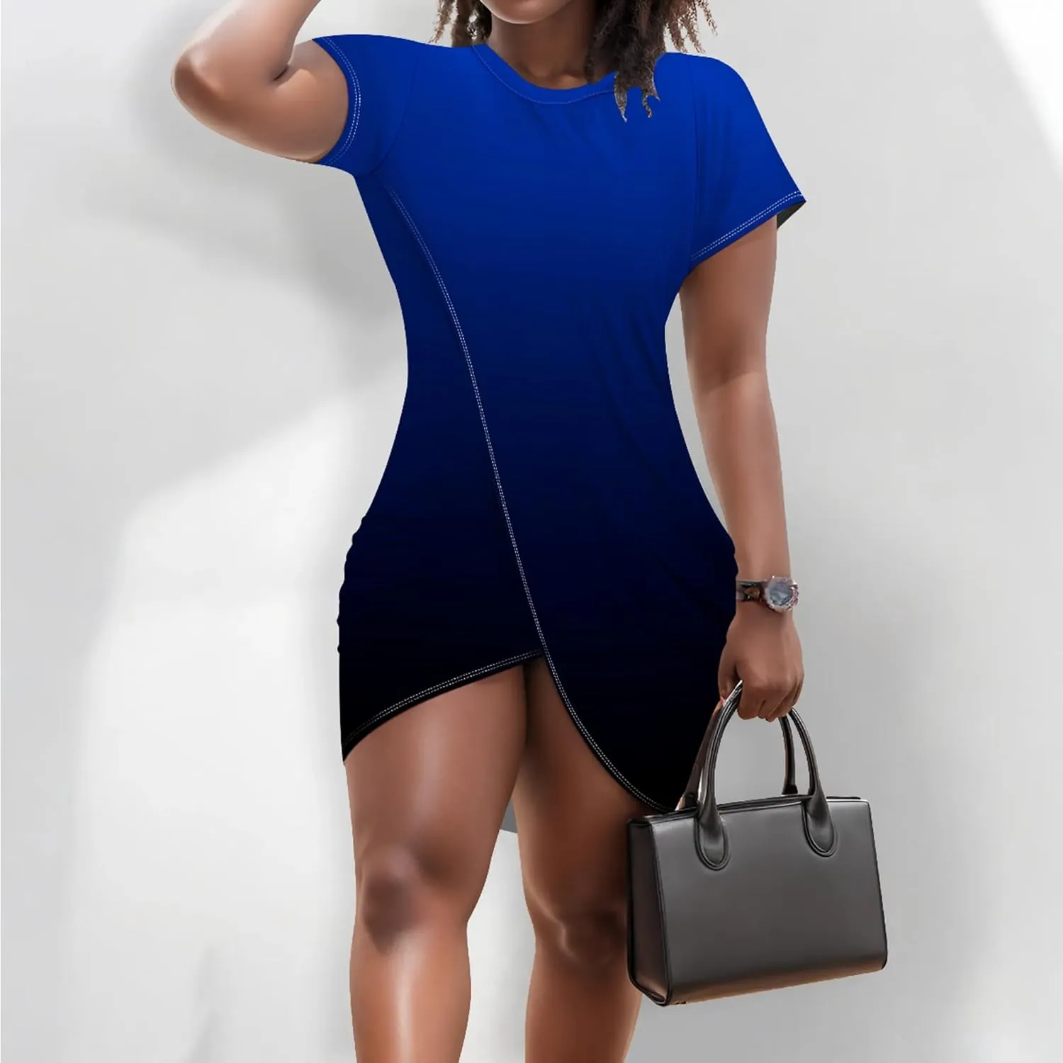 Women's 2024 Short Sleeve Wrap Mini Dress Solid Color Summer Bodycon Tight Ruched T Shirt Casual Slim Fit Slit Dresses