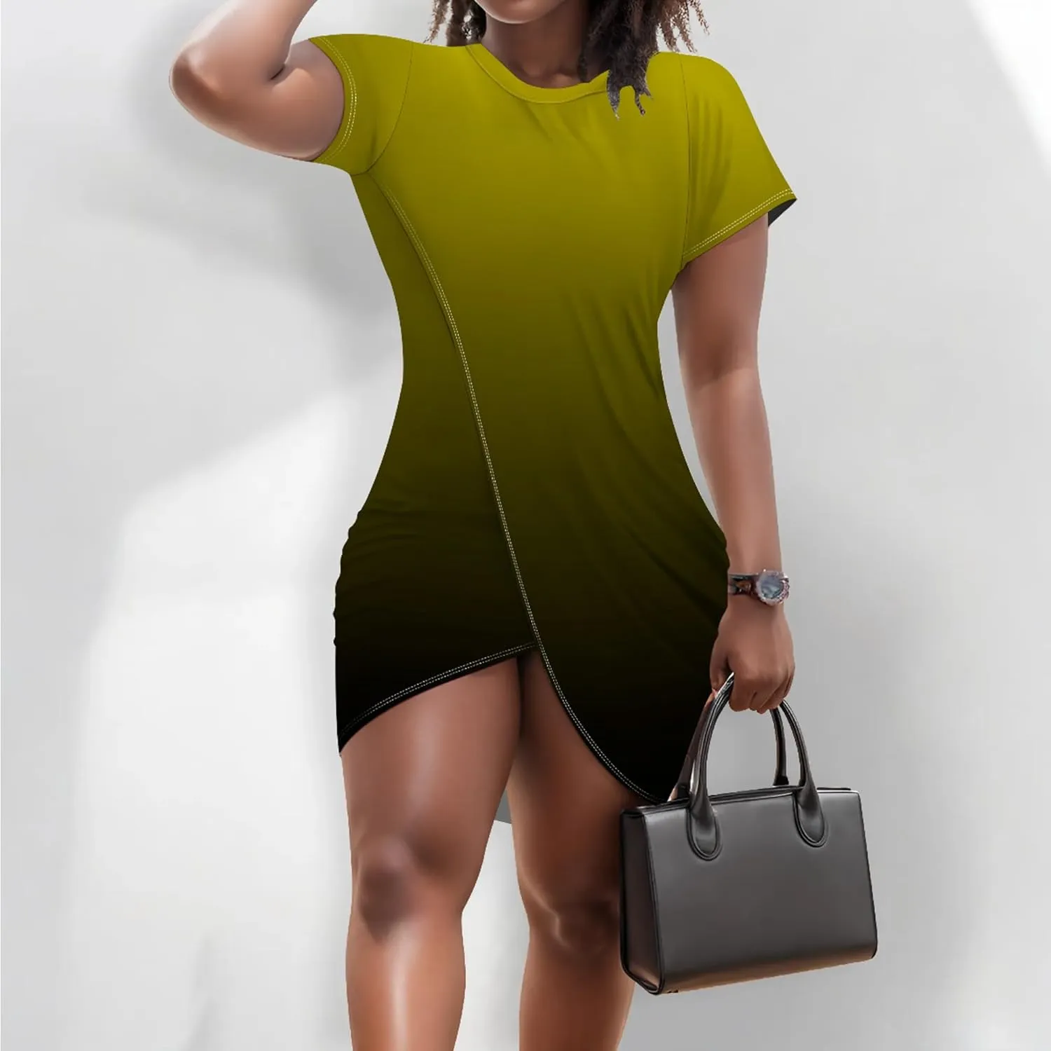Women's 2024 Short Sleeve Wrap Mini Dress Solid Color Summer Bodycon Tight Ruched T Shirt Casual Slim Fit Slit Dresses