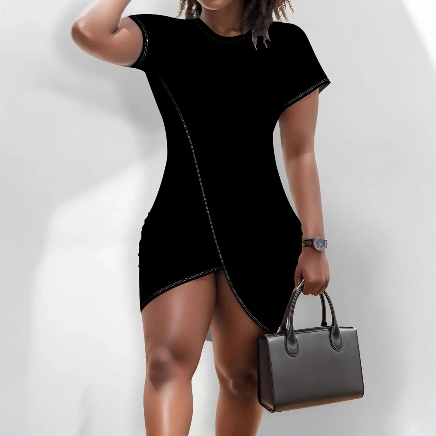 Women's 2024 Short Sleeve Wrap Mini Dress Solid Color Summer Bodycon Tight Ruched T Shirt Casual Slim Fit Slit Dresses