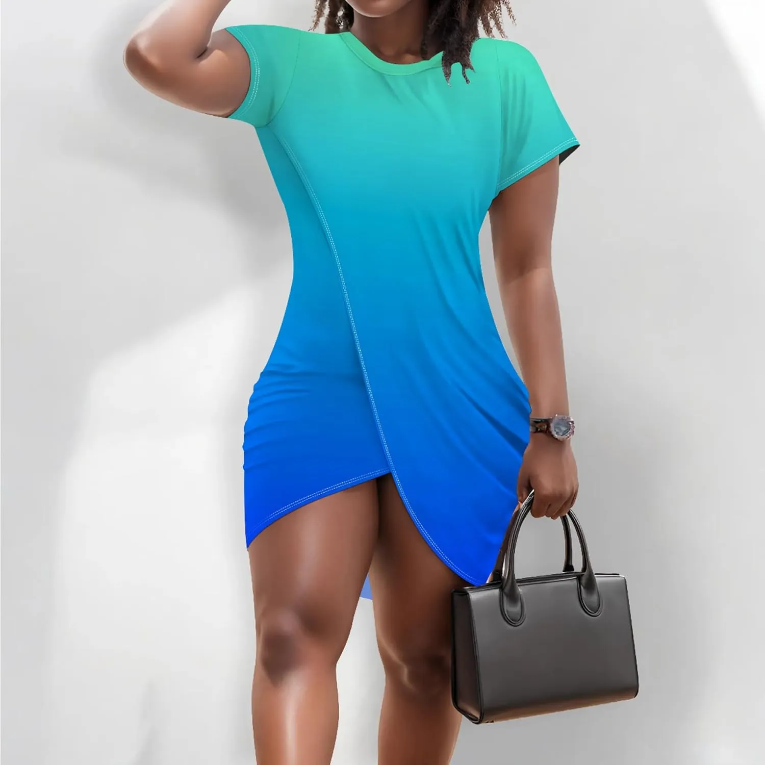 Women's 2024 Short Sleeve Wrap Mini Dress Solid Color Summer Bodycon Tight Ruched T Shirt Casual Slim Fit Slit Dresses