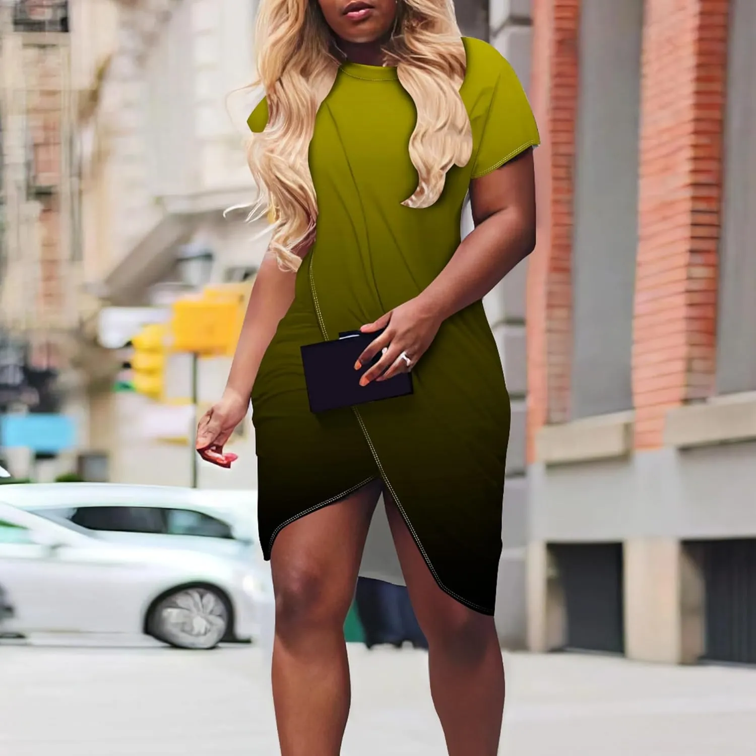 Women's 2024 Short Sleeve Wrap Mini Dress Solid Color Summer Bodycon Tight Ruched T Shirt Casual Slim Fit Slit Dresses