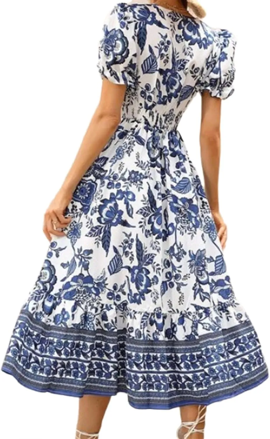 Womens 2025 Summer Floral Midi Dress Casual V Neck Puff Sleeve Flowy Sundress Boho Beach Vacation Dresses