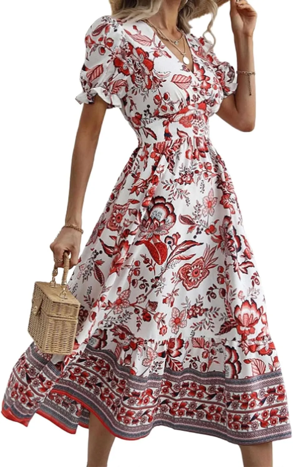 Womens 2025 Summer Floral Midi Dress Casual V Neck Puff Sleeve Flowy Sundress Boho Beach Vacation Dresses