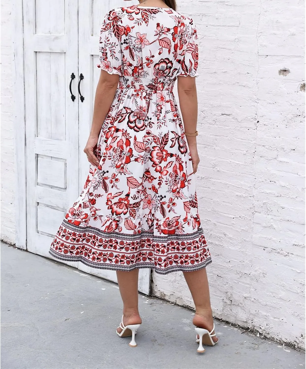 Womens 2025 Summer Floral Midi Dress Casual V Neck Puff Sleeve Flowy Sundress Boho Beach Vacation Dresses