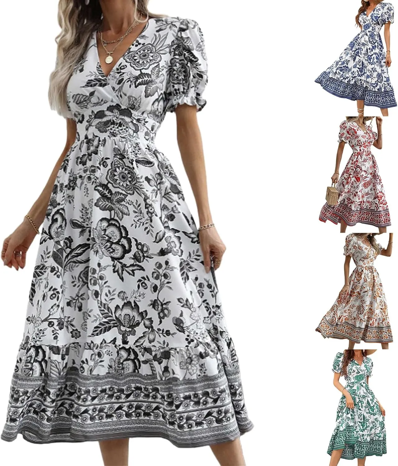 Womens 2025 Summer Floral Midi Dress Casual V Neck Puff Sleeve Flowy Sundress Boho Beach Vacation Dresses