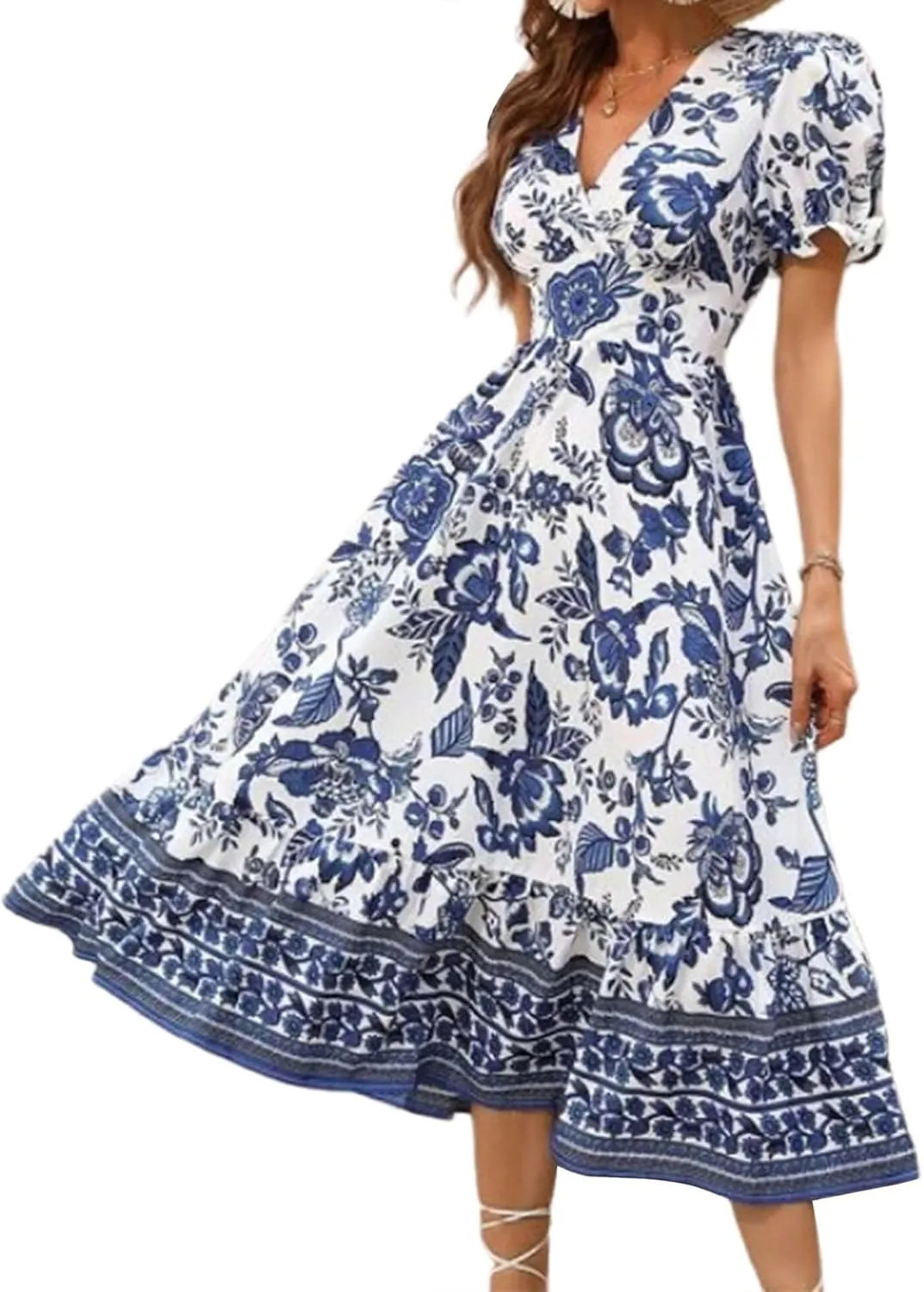 Womens 2025 Summer Floral Midi Dress Casual V Neck Puff Sleeve Flowy Sundress Boho Beach Vacation Dresses
