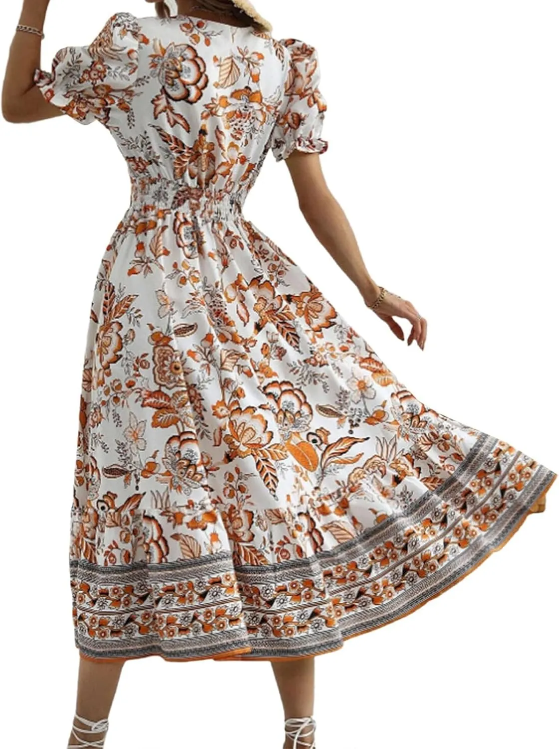 Womens 2025 Summer Floral Midi Dress Casual V Neck Puff Sleeve Flowy Sundress Boho Beach Vacation Dresses