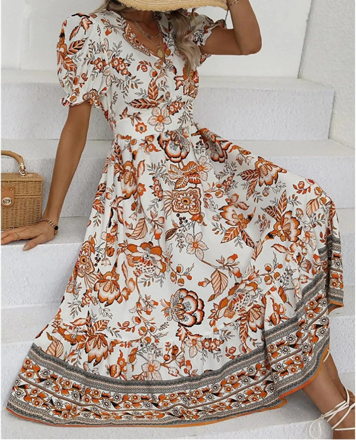 Womens 2025 Summer Floral Midi Dress Casual V Neck Puff Sleeve Flowy Sundress Boho Beach Vacation Dresses