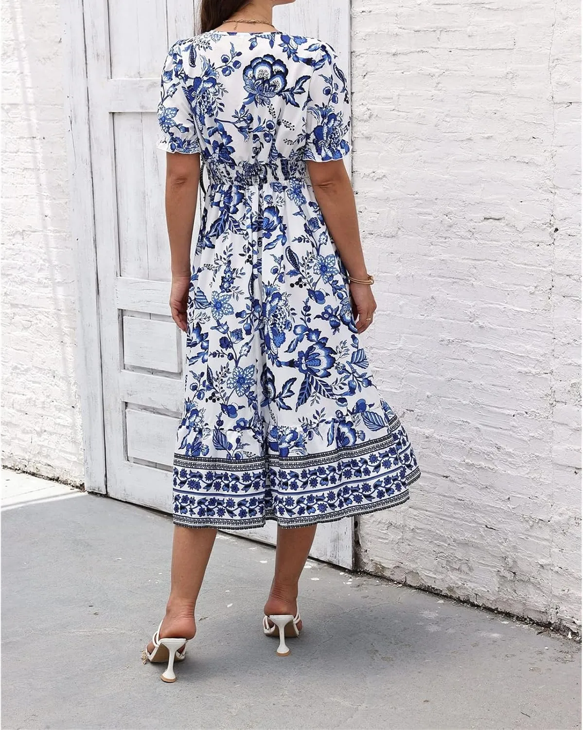 Womens 2025 Summer Floral Midi Dress Casual V Neck Puff Sleeve Flowy Sundress Boho Beach Vacation Dresses