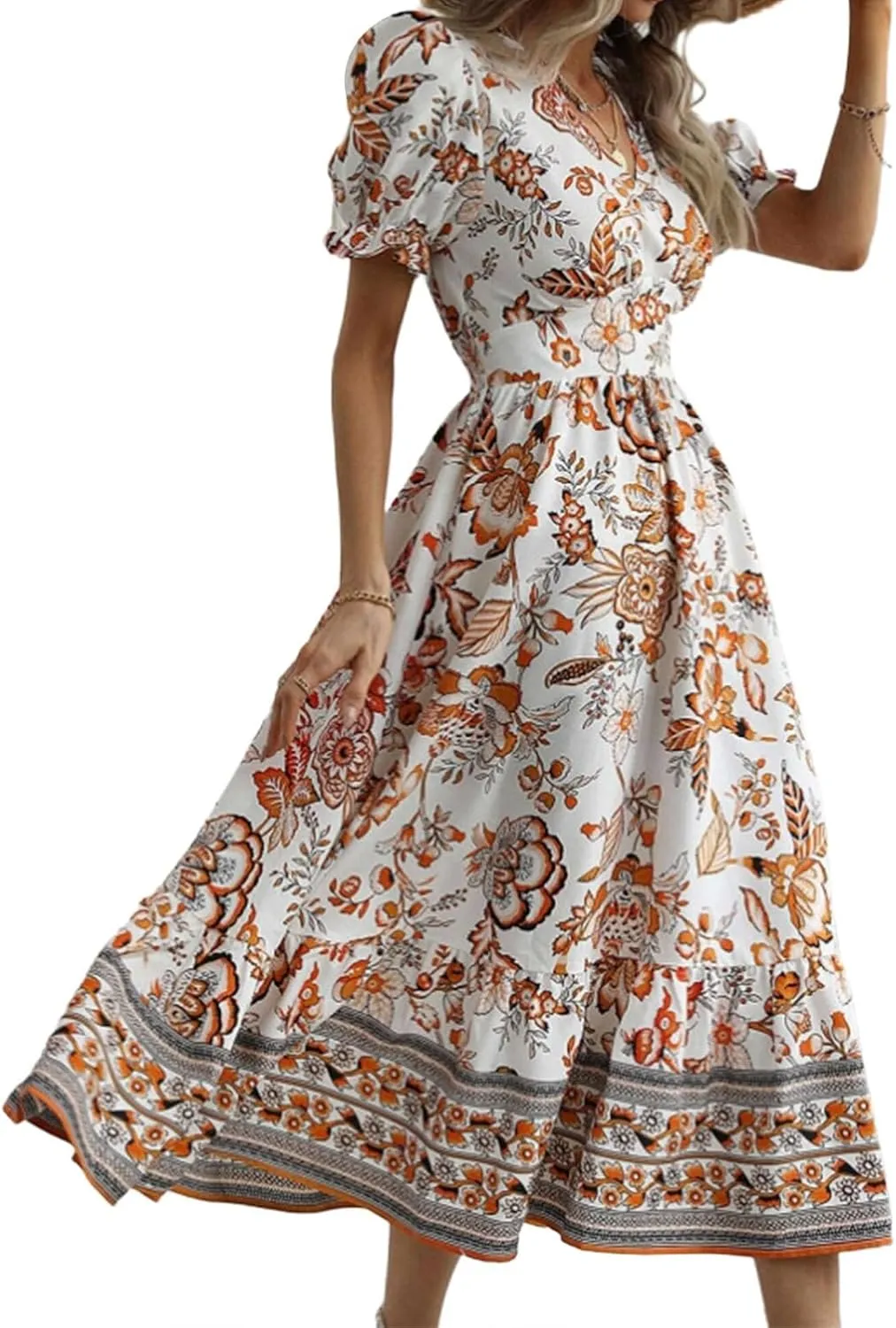 Womens 2025 Summer Floral Midi Dress Casual V Neck Puff Sleeve Flowy Sundress Boho Beach Vacation Dresses