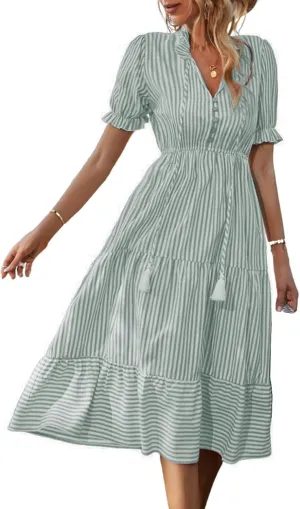 Womens 2025 Summer Sleeveless Shirt Dress Casual V Neck Stripe High Waist Puff Short Sleeve Beach Midi Dresses