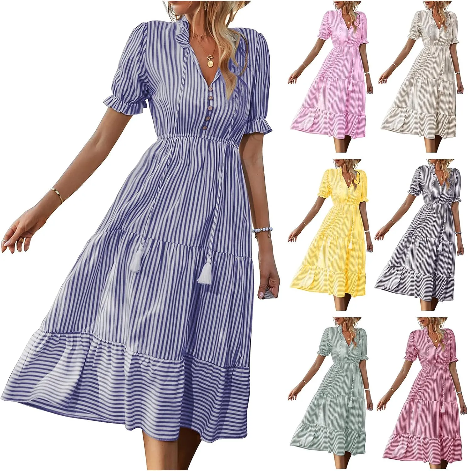 Womens 2025 Summer Sleeveless Shirt Dress Casual V Neck Stripe High Waist Puff Short Sleeve Beach Midi Dresses