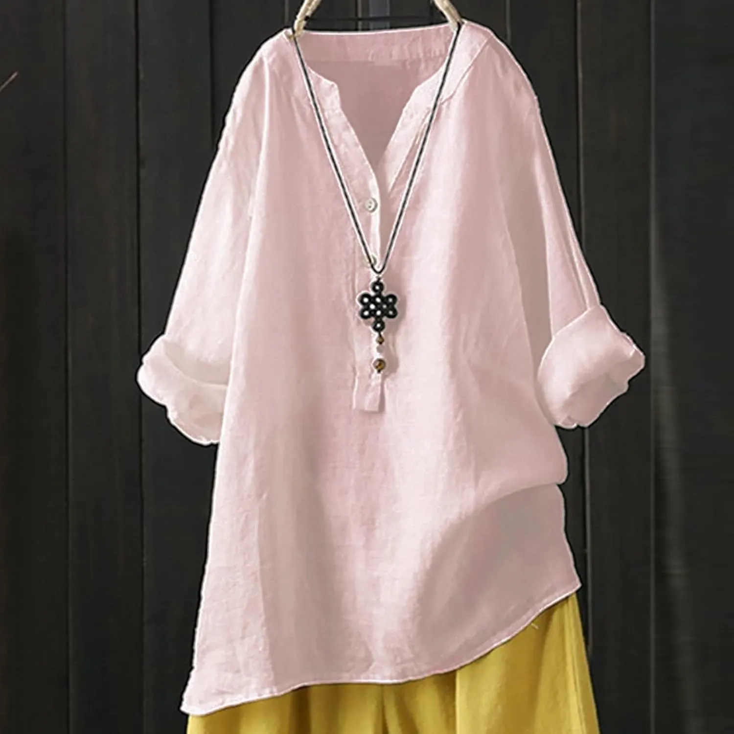 Womens Button Up Shirt Plain Short Sleeve Cotton Linen Summer Casual Trendy Blouses Top Loose Fit Tee Shirt
