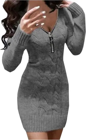 Womens Cable Knit Sweater Dress Half Zip Long Sleeve Sexy Bodycon Mock Neck Chunky Mini Knitted Bodycon Dresses