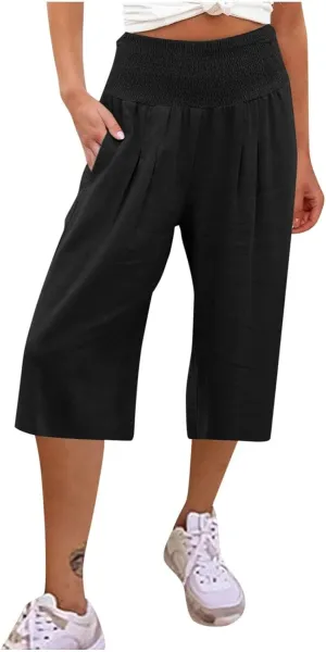 Womens Capri Pants High Smock Waisted Wide Leg Palazzo Slacks Solid Color Capris with Pockets