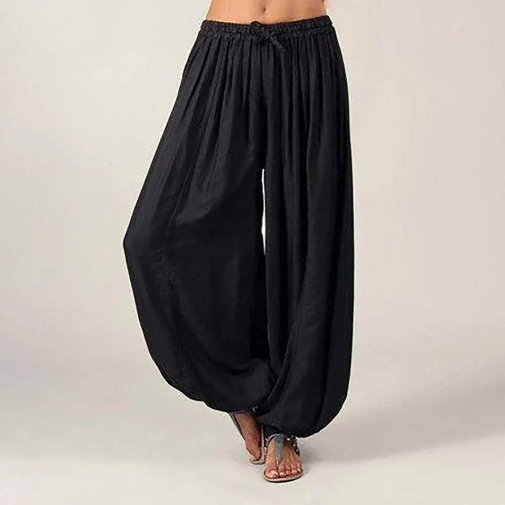 Womens Casual Cotton Linen Pants Pants Long Drawstring Linen Women Waist Loose Comfy Straight Leg Pants with Pockets