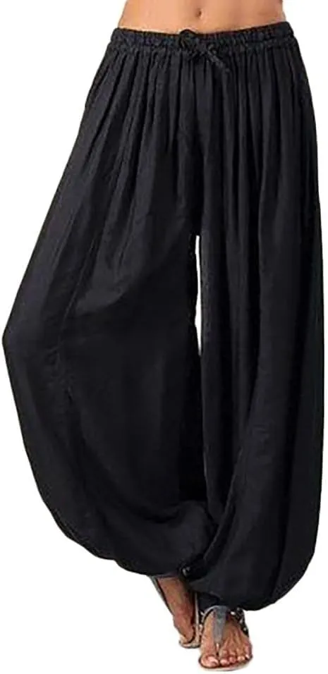 Womens Casual Cotton Linen Pants Pants Long Drawstring Linen Women Waist Loose Comfy Straight Leg Pants with Pockets