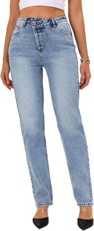 Womens Casual High Waisted Straight Leg Jeans Crossover Waistband Non-Stretch Denim