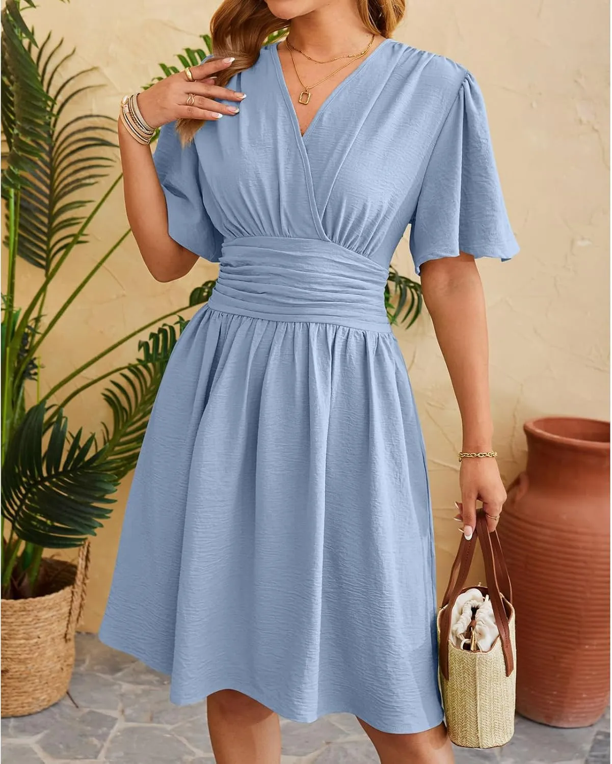 Womens Casual Short Sleeve Dress Dressy V Neck Ruched Wrap Midi Dresses Summer Elegant Trendy Travel Beach Sundress