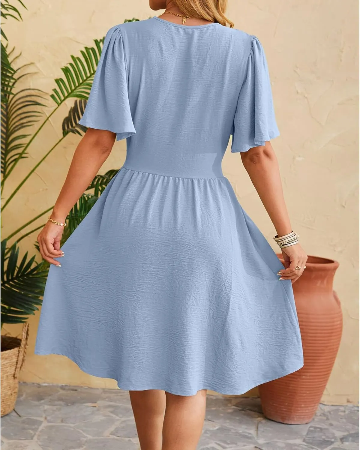 Womens Casual Short Sleeve Dress Dressy V Neck Ruched Wrap Midi Dresses Summer Elegant Trendy Travel Beach Sundress