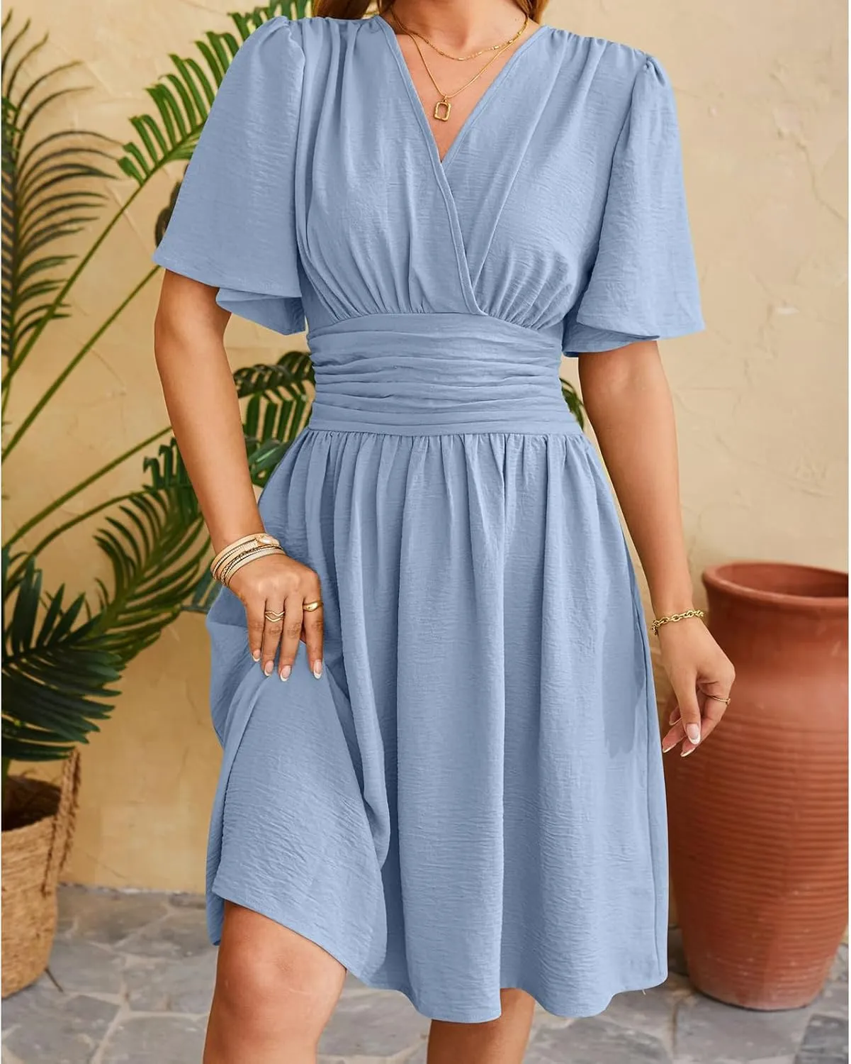Womens Casual Short Sleeve Dress Dressy V Neck Ruched Wrap Midi Dresses Summer Elegant Trendy Travel Beach Sundress