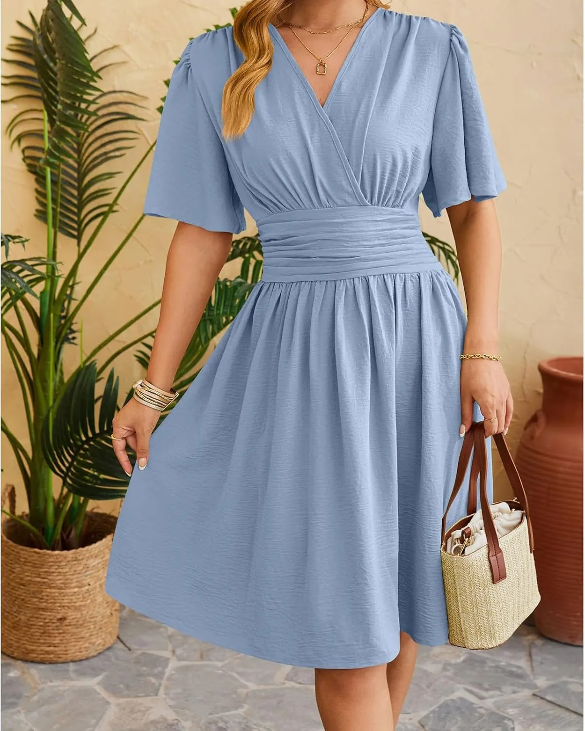 Womens Casual Short Sleeve Dress Dressy V Neck Ruched Wrap Midi Dresses Summer Elegant Trendy Travel Beach Sundress