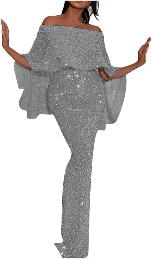 Women's Cocktail Dresses Sexy Solid Color Sequins Split Wrap Dress Party Cocktail Prom Wedding Guest Dress, S-3XL